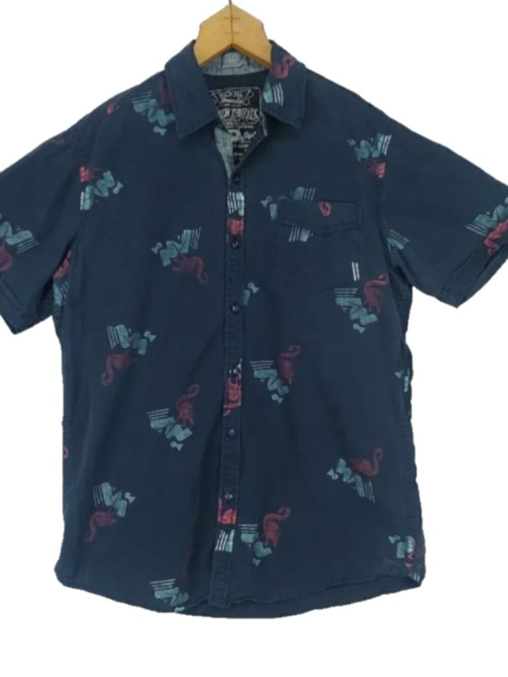 Vtg Art Deco Pink Flamingo Mens Button Down Shirt Med BrokenThreads Blue